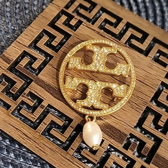 Tory Burch Gold and White Geometric Brooch - Picture 1 of 5